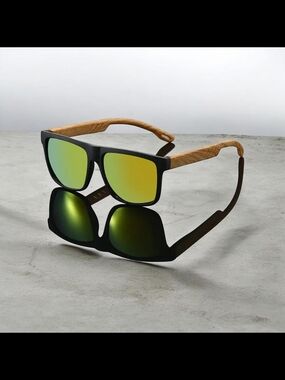 Reptile!!Men's Black and Wood Sunglasses with Green Mirrored Lenses